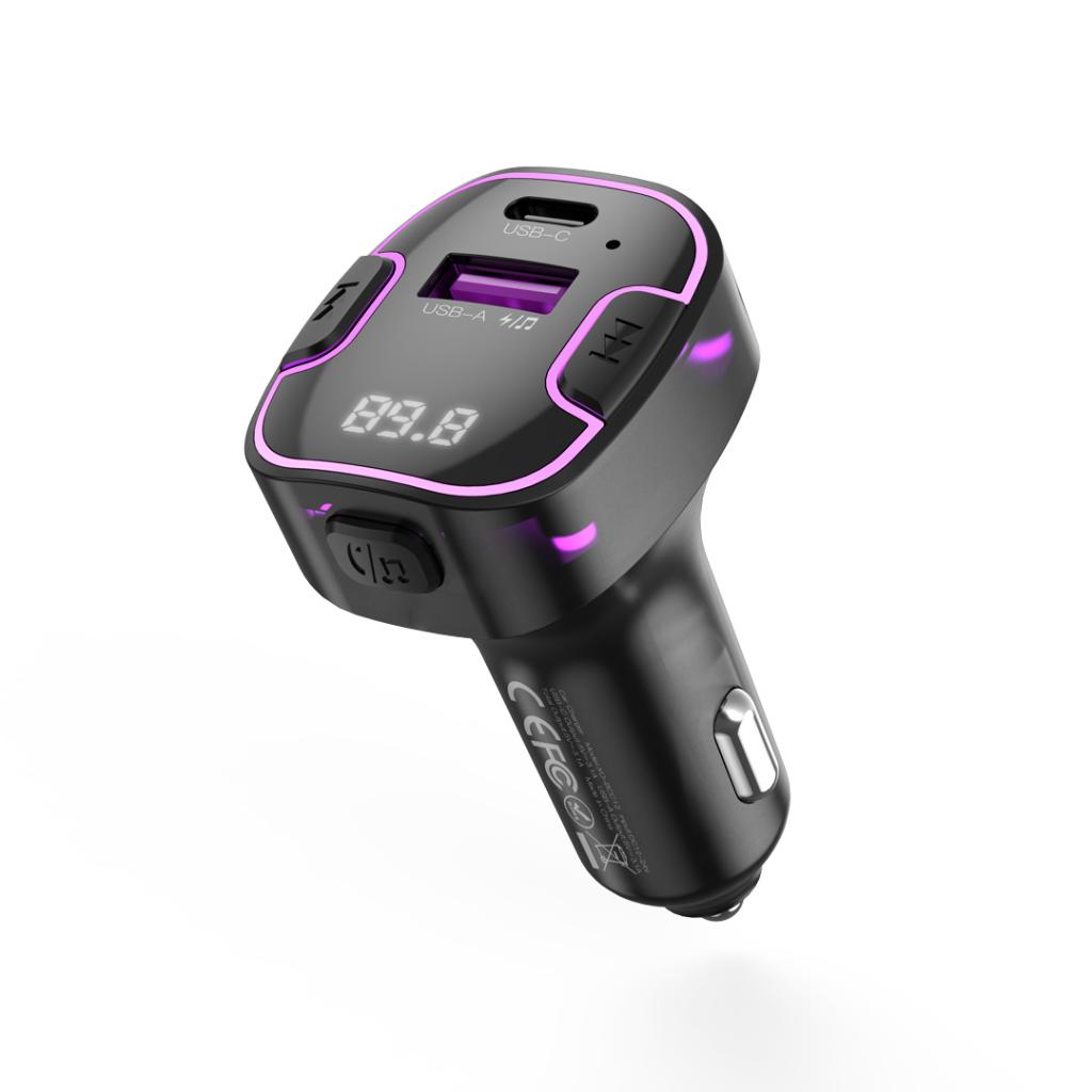 Трансмитер FM XO MP3 15.5W, QC, 3.1A, USB-A, USB-C + purple ambient light, черен
