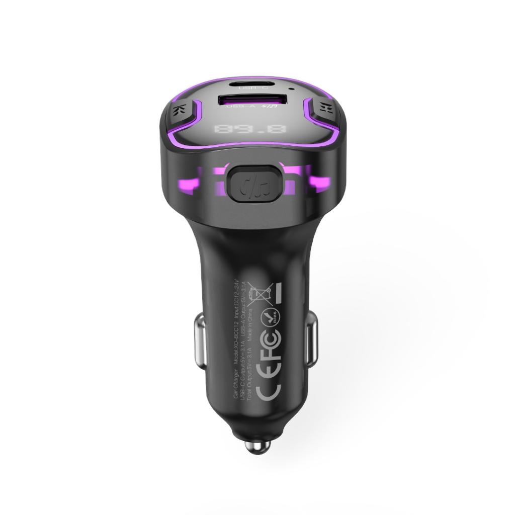 Трансмитер FM XO MP3 15.5W, QC, 3.1A, USB-A, USB-C + purple ambient light, черен - Image 2