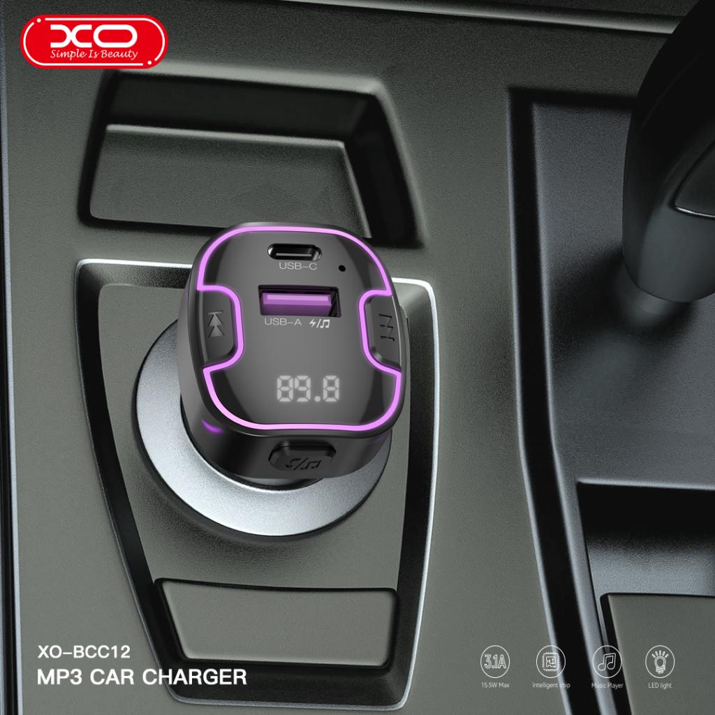 Трансмитер FM XO MP3 15.5W, QC, 3.1A, USB-A, USB-C + purple ambient light, черен - Image 4