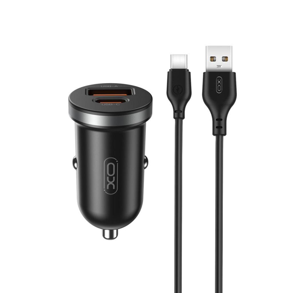 Зарядно XO 12/24V 30W, USB-A + USB-C, кабел A-C, черен